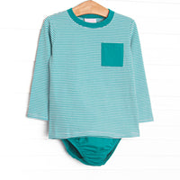  The set features teal striped print, a front pocket, and a coordinating diaper cover. 