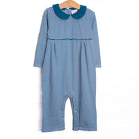  The Romper features peter pan collar, snaps in the stride to make changing a breeze, and soft knit material. 