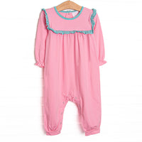 The romper features the softest knit material, snaps in the stride to make changing a breeze, and pink stripes.