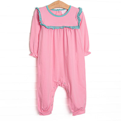 The romper features the softest knit material, snaps in the stride to make changing a breeze, and pink stripes.