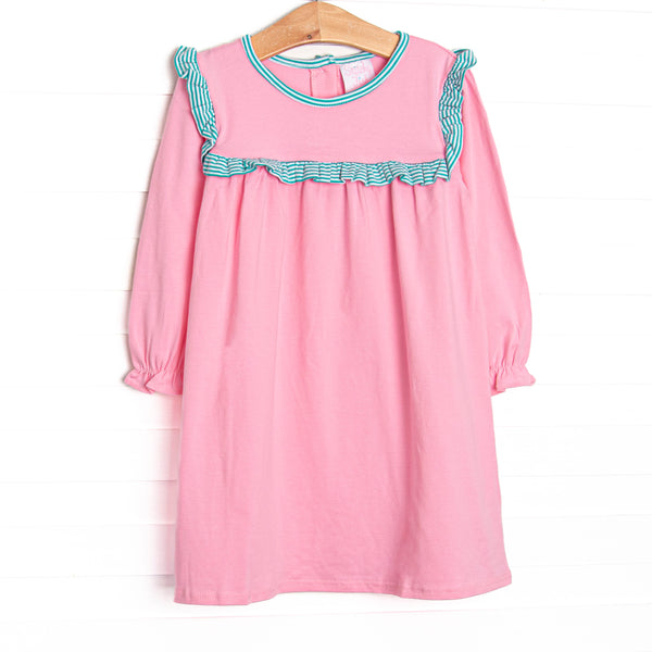 This cozy knit favorite is a staple for every little girl's closet.  Featured here in pink fabric and teal striped ruffle trim! 