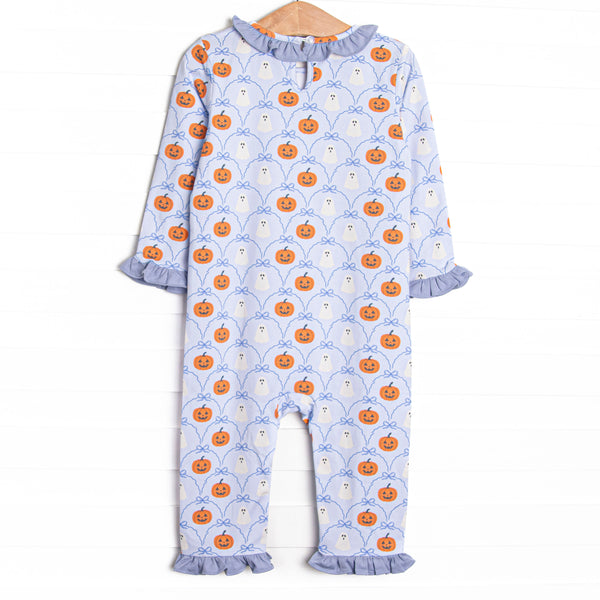 Ghouls and Gourds Ruffle Romper, Blue
