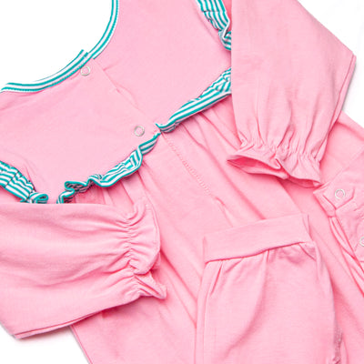 Bonnie Long Sleeve Romper, Pink and Teal Stripe