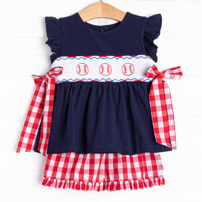 Big League Baller Smocked Ruffle Short Set, Navy