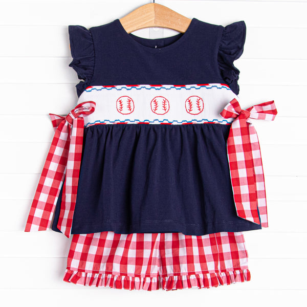 Big League Baller Smocked Ruffle Short Set, Navy