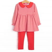 This set features a long sleeve top in a red striped print with a peter pan collar and red leggings.