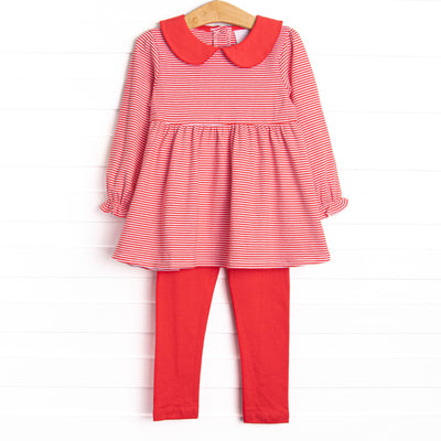 This set features a long sleeve top in a red striped print with a peter pan collar and red leggings.