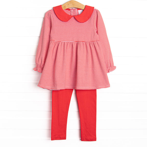 This set features a long sleeve top in a red striped print with a peter pan collar and red leggings.