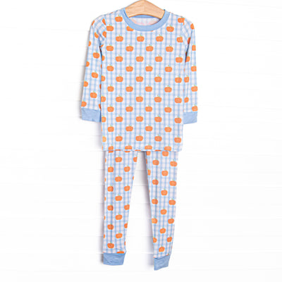 This set is made of the extremely soft, stretchy bamboo viscose fabric that feels like butter and features a gingham and pumpkin print.