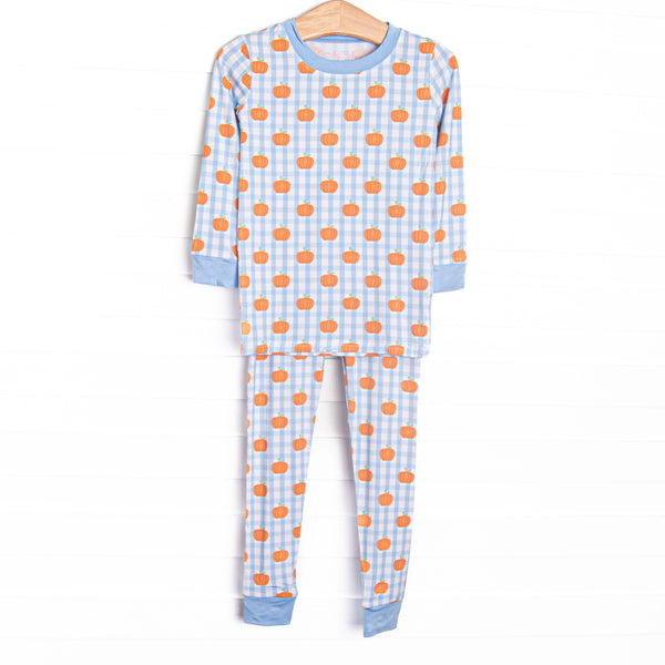 This set is made of the extremely soft, stretchy bamboo viscose fabric that feels like butter and features a gingham and pumpkin print.