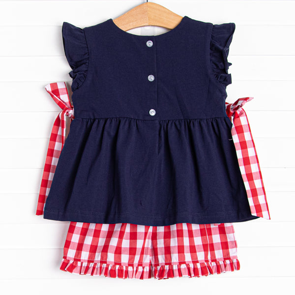 Big League Baller Smocked Ruffle Short Set, Navy