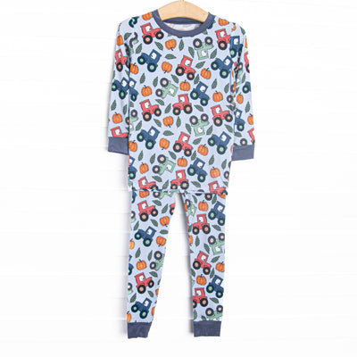 This set is made of the extremely soft, stretchy bamboo viscose fabric that feels like butter and features a tractor print.