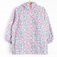  This jacket features pink floral waterproof material, a full length zippers, front pockets, and a hood to keep your little one dry. 