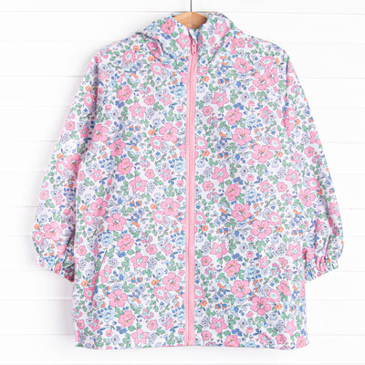  This jacket features pink floral waterproof material, a full length zippers, front pockets, and a hood to keep your little one dry. 
