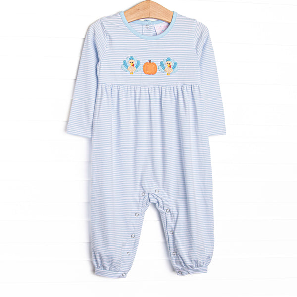 This romper features light blue striped knit fabric, pumpkin and turkey applique, and snaps along the stride to make changing a breeze