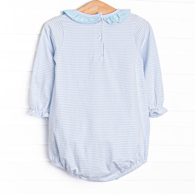 Pumpkin and Poults Applique Ruffle Neck Bubble, Light Blue Stripe