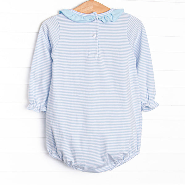 Pumpkin and Poults Applique Ruffle Neck Bubble, Light Blue Stripe