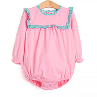 This cozy knit favorite is a staple for every little girl's closet. Featured here in medium pink knit and with teal striped ruffle trim!