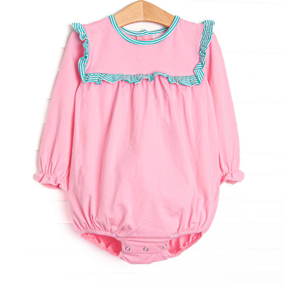 This cozy knit favorite is a staple for every little girl's closet. Featured here in medium pink knit and with teal striped ruffle trim!