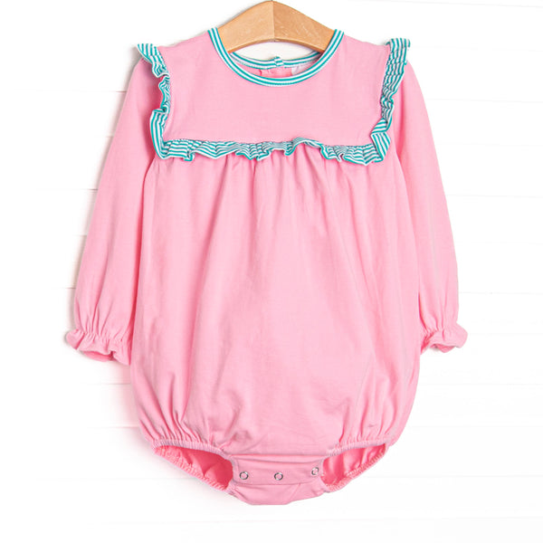 This cozy knit favorite is a staple for every little girl's closet. Featured here in medium pink knit and with teal striped ruffle trim!