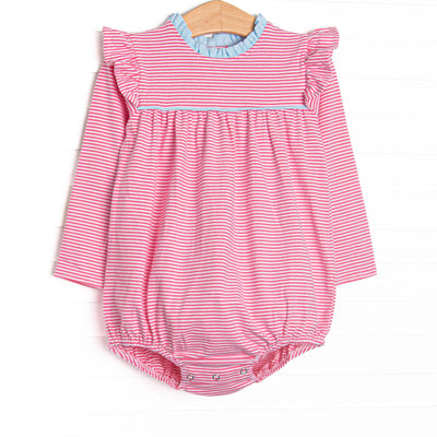 This cozy knit favorite is a staple for every little girl's closet. Featured here in pink stripes, blue ruffle collar, and flutter details add adorable details!