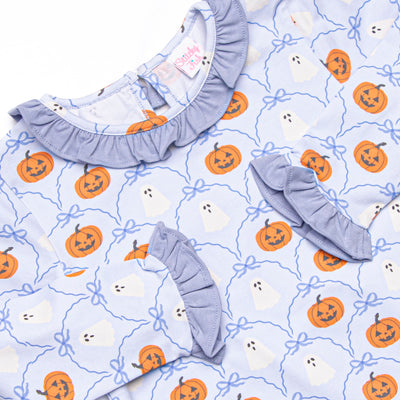 Ghouls and Gourds Ruffle Romper, Blue