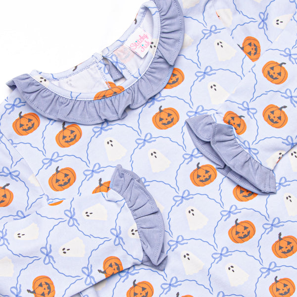 Ghouls and Gourds Ruffle Romper, Blue