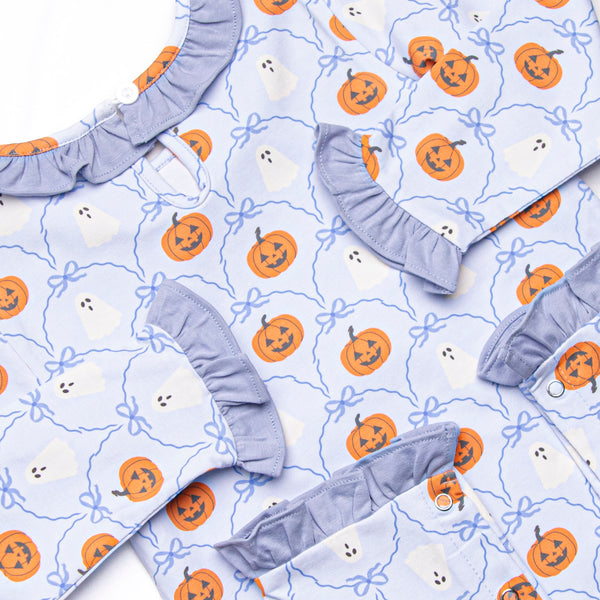 Ghouls and Gourds Ruffle Romper, Blue