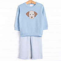  This set features a blue sweatshirt with a puppy applique and blue striped pants to match. 