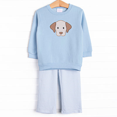  This set features a blue sweatshirt with a puppy applique and blue striped pants to match. 