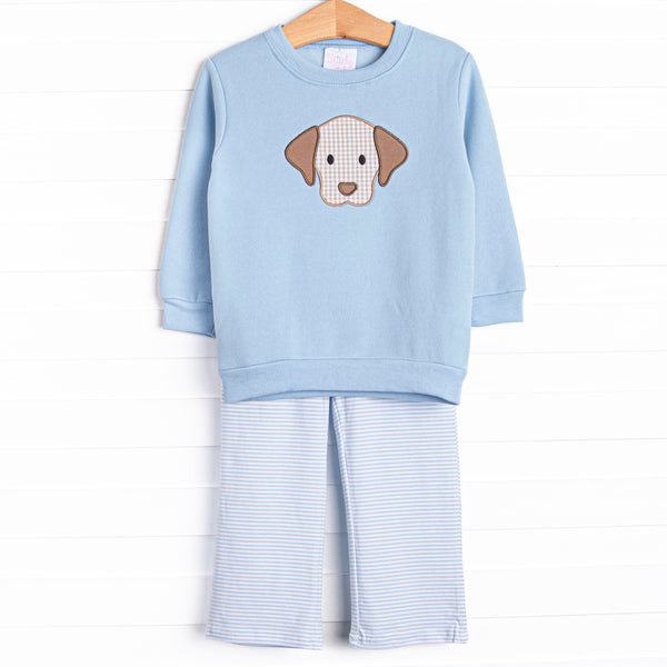  This set features a blue sweatshirt with a puppy applique and blue striped pants to match. 