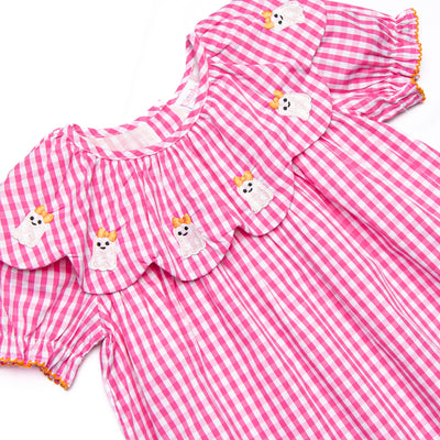 Ghoul Girl Embroidered Dress, Pink Gingham
