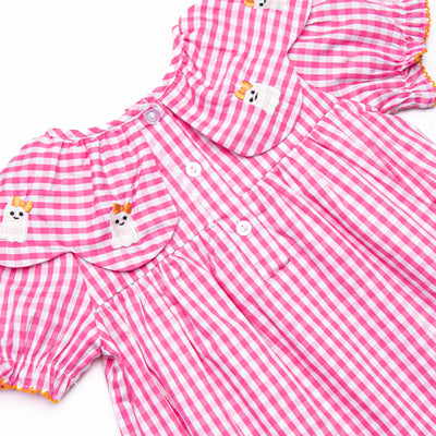 Ghoul Girl Embroidered Dress, Pink Gingham