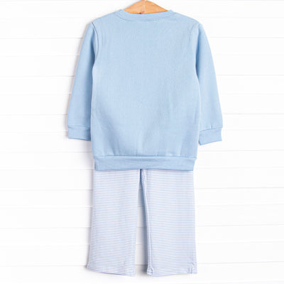 Furry Ear Friend Applique Pant Set, Blue