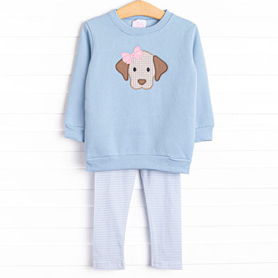 This set features a blue sweatshirt with a puppy applique and blue striped leggings to match.