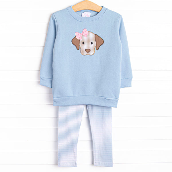 This set features a blue sweatshirt with a puppy applique and blue striped leggings to match.