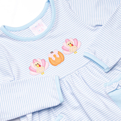 Pumpkin and Poults Applique Ruffle Legging Set, Light Blue Stripe