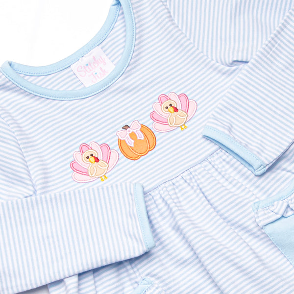 Pumpkin and Poults Applique Ruffle Legging Set, Light Blue Stripe