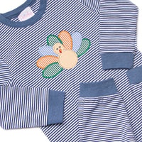 Turkey Blessings Applique Romper, Navy Stripe