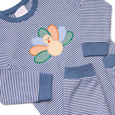 Turkey Blessings Applique Romper, Navy Stripe