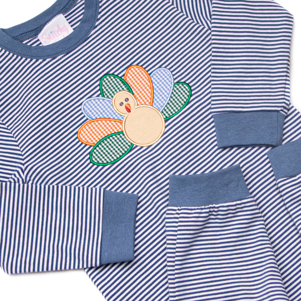 Turkey Blessings Applique Romper, Navy Stripe