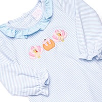 Pumpkin and Poults Applique Ruffle Neck Bubble, Light Blue Stripe
