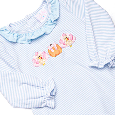 Pumpkin and Poults Applique Ruffle Neck Bubble, Light Blue Stripe