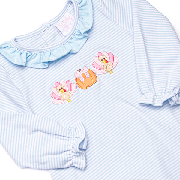 Pumpkin and Poults Applique Ruffle Neck Bubble, Light Blue Stripe