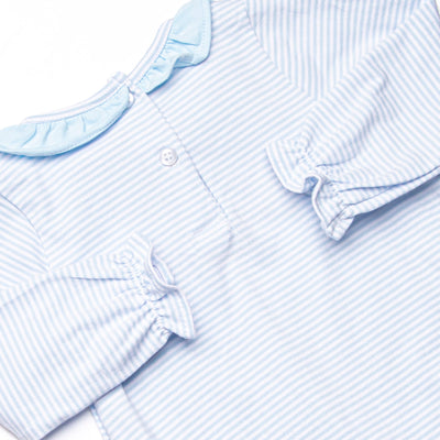 Pumpkin and Poults Applique Ruffle Neck Bubble, Light Blue Stripe
