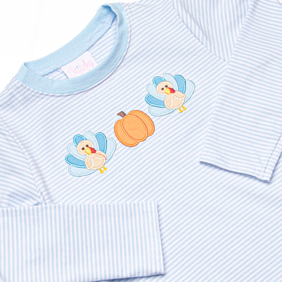 Pumpkin and Poults Applique Top, Light Blue Stripe
