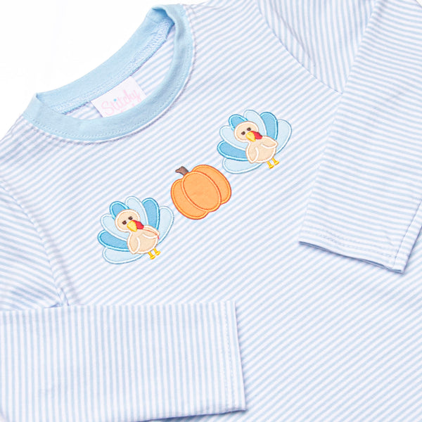 Pumpkin and Poults Applique Top, Light Blue Stripe