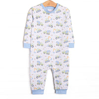  This romper features a construction print, blue trim, and snaps on the stride to make changing a breeze. 