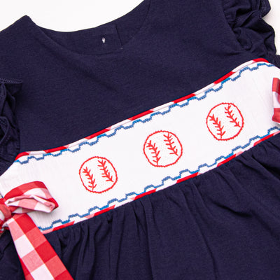 Big League Baller Smocked Ruffle Short Set, Navy