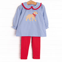 This set features a blue gingham top with a red ruffle peter pan collar, and a puppy applique. Coordinating red leggings to match.
